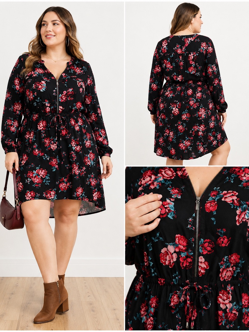 Size 1X Dex Floral Zip Front Drawstring High-Low Dress - Picture 2 of 8